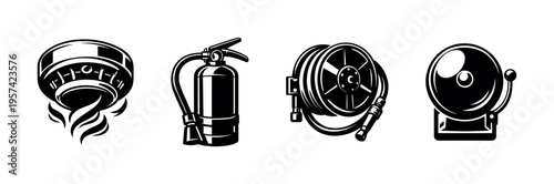 Black and white fire safety equipment silhouette illustration, featuring smoke detector, fire extinguisher, hose reel, alarm bell