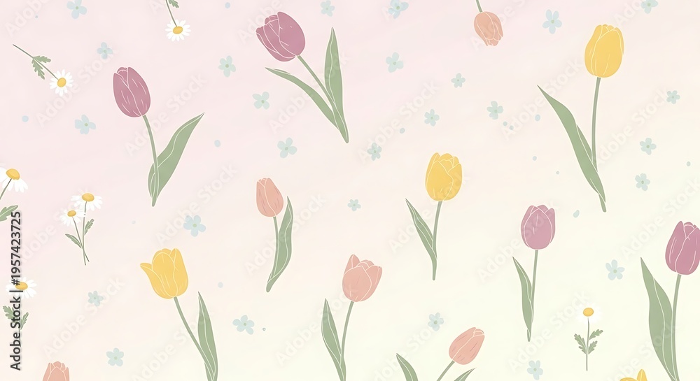Fototapeta premium Vibrant whimsical floral seamless pattern featuring tulips and wildflowers in pastel hues on soft gradient background with stars
