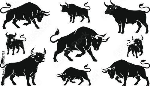 Powerful Black Bull Silhouette Vector Set Featuring Aggressive Charging Poses Athletic Bullish Market Symbols and Strong Animal Mascot Illustrations for Design