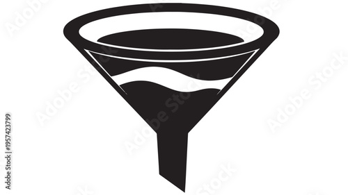 Funnel icon with liquid flowing, black silhouette representing separation and filtration processes on white background
