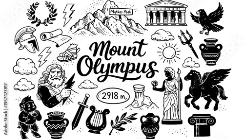Mount Olympus vector illustration with various ancient Greek symbols and icons