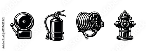 Black and white fire safety equipment icons, fire extinguisher, hydrant, fire reel, alarm, vector illustrations