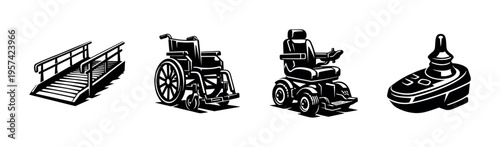 Vector set of mobility aids including wheelchair, electric wheelchair, accessibility ramp, and joystick in black and white silhouette