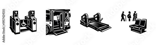 Accessibility transportation elements black and white vector illustrations