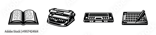 Black and white vector illustrations of braille writing equipment and tools including book and typewriter
