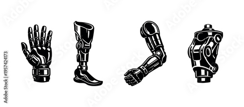 Black and white prosthetic limbs silhouette vector, featuring hand, leg, arm, and robotic elements, illustration clipart
