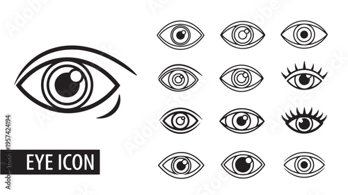 Eyes icons set with various stylized designs in black and white for digital use featuring eye icon, vision, sight with optic and iris elements for