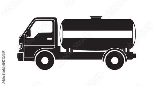 Tanker truck silhouette with a cylindrical tank for liquid transport, seen from the side featuring delivery vehicle, transportation, logistics with