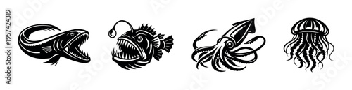 Vector illustration of deep sea creatures in black and white silhouette style
