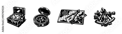 Vintage navigation tools illustration featuring compass, map, and sextant in black and white vector style