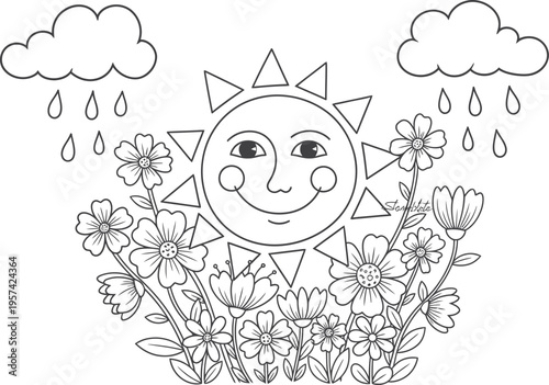 Charming hand drawn illustration of a smiling sun with flowers and rainy clouds