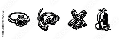 Set of scuba diving equipment vector illustration featuring mask regulator fins and oxygen tank in black and white silhouette