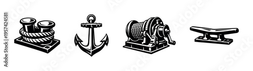 Nautical elements illustration, anchor, ship winch, rope cleat, vector silhouette, black and white