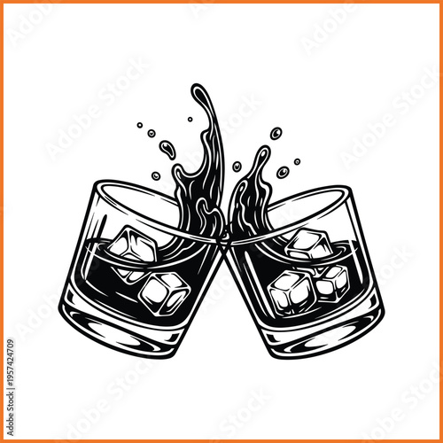 Whiskey Glass Toast with Splash and Ice Cubes Vector Illustration
