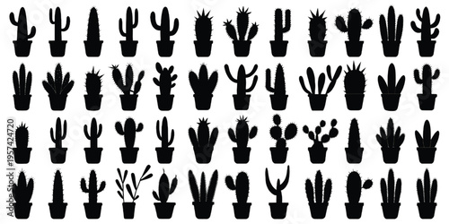 A collection of various potted cactus silhouettes arranged in a grid pattern on white background