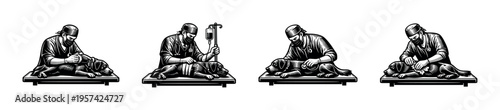Veterinary surgeon treating dog vector illustration set in black and white silhouette style