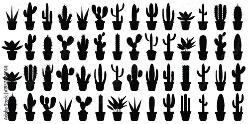 A collection of various potted cactus silhouettes arranged in a grid pattern on a white background