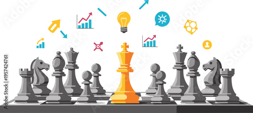 Chess strategy concept with highlighted king and analytics icons, business leadership and decision making flat vector illustration