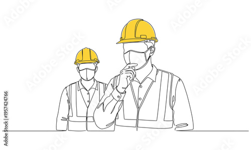 Continuous one line drawing of of architecture works with protective face masks for safety in machine industrial factory. Continuous one line drawing for your minimal design
