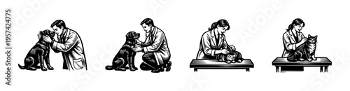 Veterinarian consultation scenes, black and white vector illustrations, animal care silhouette