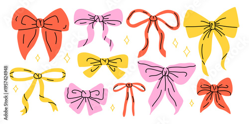 Vector set of cute colorful bow ribbon illustration in pink, yellow, red. Gift bow collection for girly birthday card, packaging, hair accessory design, fashion clipart, sticker, festive decoration.