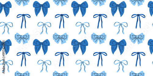 Vector seamless pattern with cute blue bow ribbons. Hand drawn decorative bow print for gift wrap, fabric, textile, scrapbook paper, stationery, holiday packaging and girly fashion design.