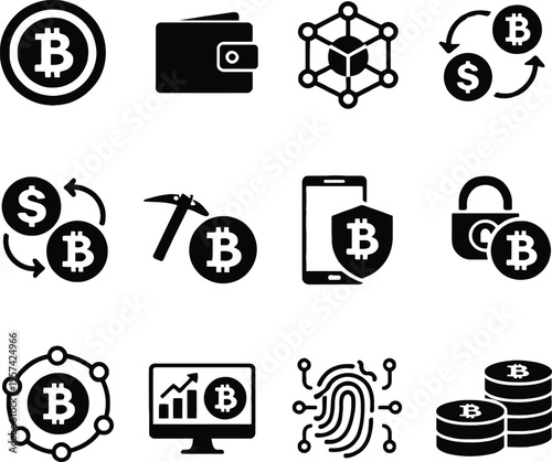 Digital finance and bitcoin wallet silhouette icon collection
