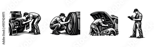 Vector illustration of mechanic inspecting vehicle components in black and white silhouette style