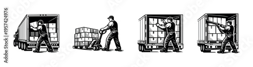 Silhouette vector illustrations of workers loading and unloading a truck with cargo
