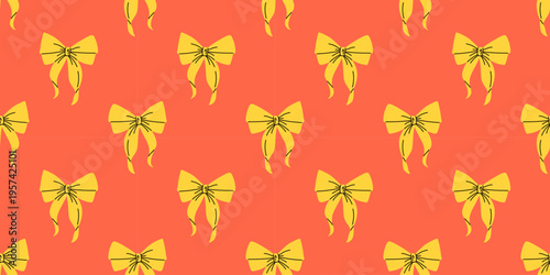 Vector seamless pattern with cute yellow bow ribbons on bright coral background. Hand drawn girly bow print for gift wrap, fabric, scrapbook paper, stationery, holiday packaging and fashion design.