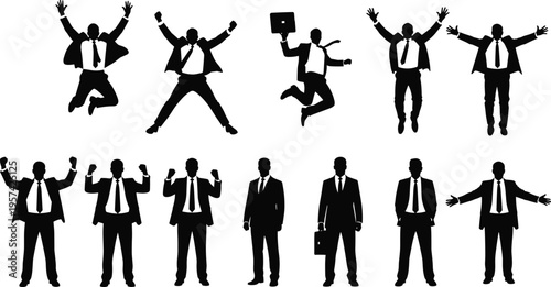 Business men silhouette set jumping and standing celebrating success achievement corporate professionals teamwork leadership isolated on white background concept illustration