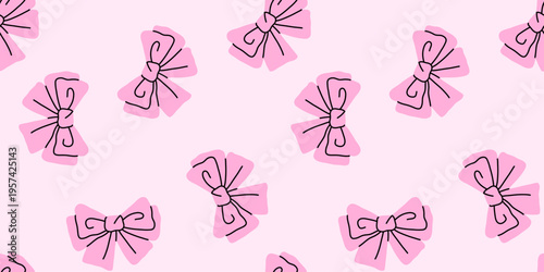 Vector seamless pattern with cute pink bow ribbons on pink background. Hand drawn girly bow print for gift wrap, fabric, textile, wallpaper, scrapbook paper, stationery and kawaii fashion design.