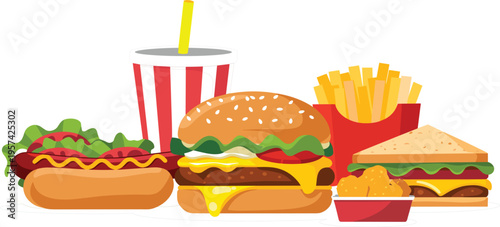 Fast food vector collection with burger, french fries, hot dog, sandwich, soda, and chicken nuggets
