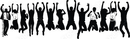 Silhouette of large group people jumping celebrating happiness freedom energy unity teamwork dynamic motion isolated on white background lifestyle concept