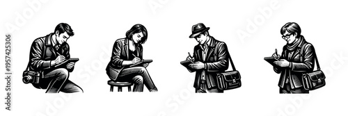 Black and white silhouette illustrations of journalists with notebooks and cameras