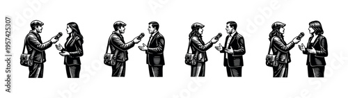 Black and white vector silhouette of people in interview scenarios business communication illustration