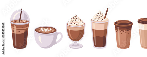 Set of coffee drinks icons with iced mocha, cappuccino latte art, frappe, and whipped cream chocolate
