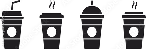 Set of coffee cup icons including hot espresso, iced latte, take away beverage and disposable mug