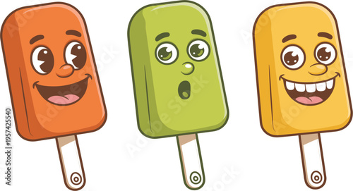 Cute cartoon popsicle characters with funny faces, summer ice cream lolly vector in retro style
