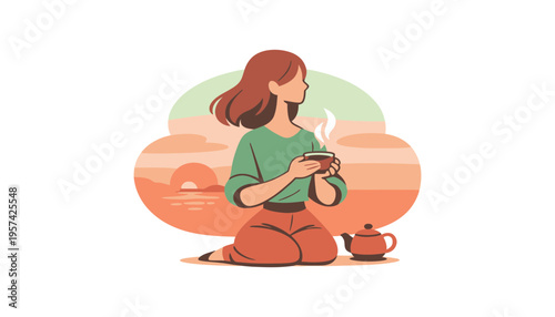 Woman sitting with tea enjoying a serene sunset view outdoors