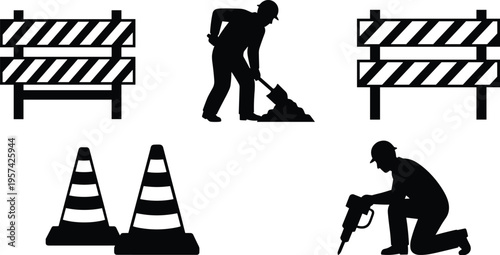 Silhouettes of road construction workers using shovels, jackhammers, traffic cones, and safety barriers for street maintenance, building infrastructure, and industrial work