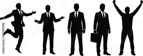 Business men silhouette collection standing and jumping poses corporate professionals success leadership teamwork isolated on white background concept illustration