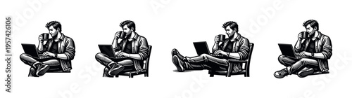 Black and white illustrations of a man working on a laptop and drinking coffee in various poses