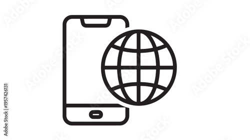 Smartphone icon with globe symbol representing global internet connectivity and mobile access featuring phone, world, connection with network and