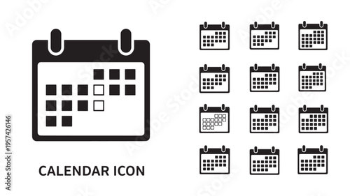 Calendar icons in black and white, showing monthly grids for scheduling and planning, presented on a white background.