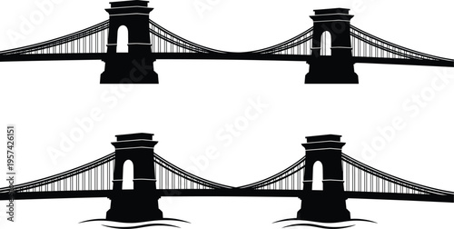 Suspension bridge silhouette set featuring historical cable stayed bridge icons with stone towers and water ripples for travel and civil engineering