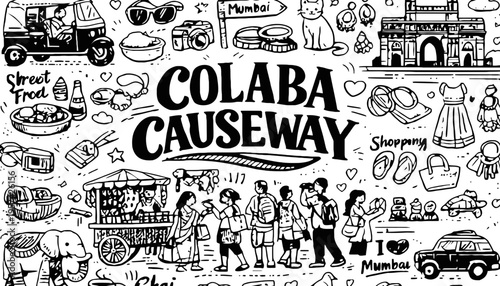 Colaba Causeway illustration with various Mumbai icons and street food