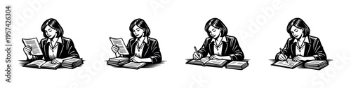 Black and white vector illustration of a woman reading and writing with books educational and professional theme