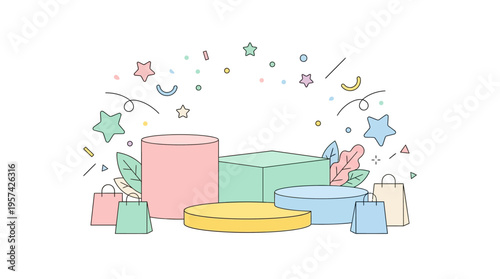 Colorful Podium And Shopping Bags With Festive Decorations