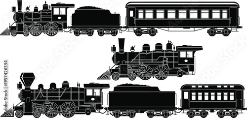 Title Vintage steam locomotive train silhouettes with passenger carriages set against white background for retro transportation and historical railway travel design concepts